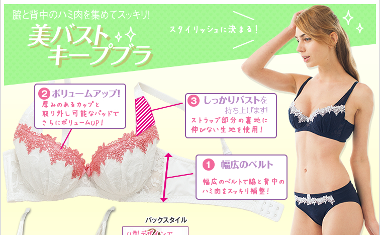 脇と背中のハミ肉を集めてスッキリ! 美バストキープブラ
