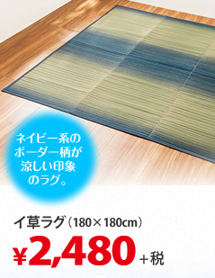 ネイビー系のボーダー柄が涼しい印象のラグ。 イ草ラグ(180×180cm)