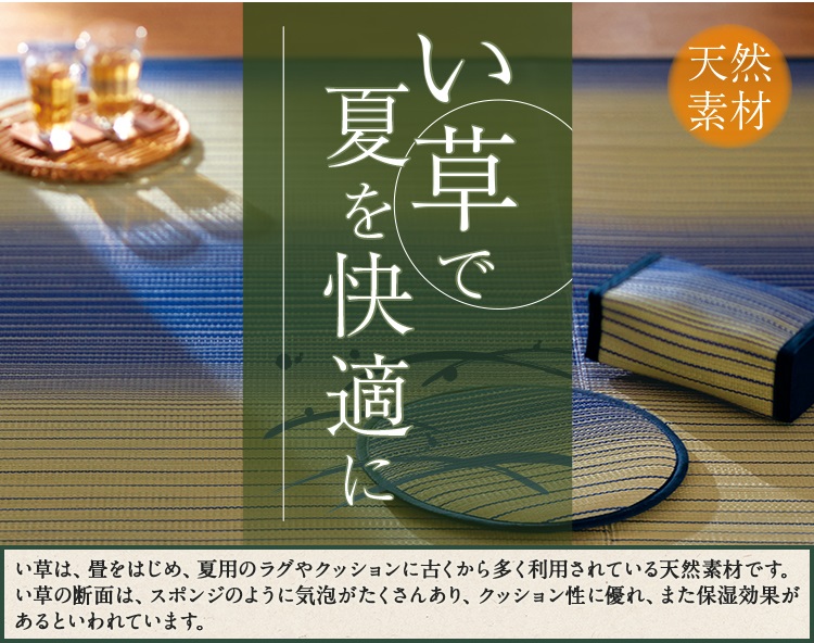 い草で夏を快適に い草は、畳をはじめ、夏用のラグやクッションに古くから多く利用されている天然素材です。 い草の断面は、スポンジのように気泡がたくさんあり、クッション性に優れ、また保湿効果があるといわれています。