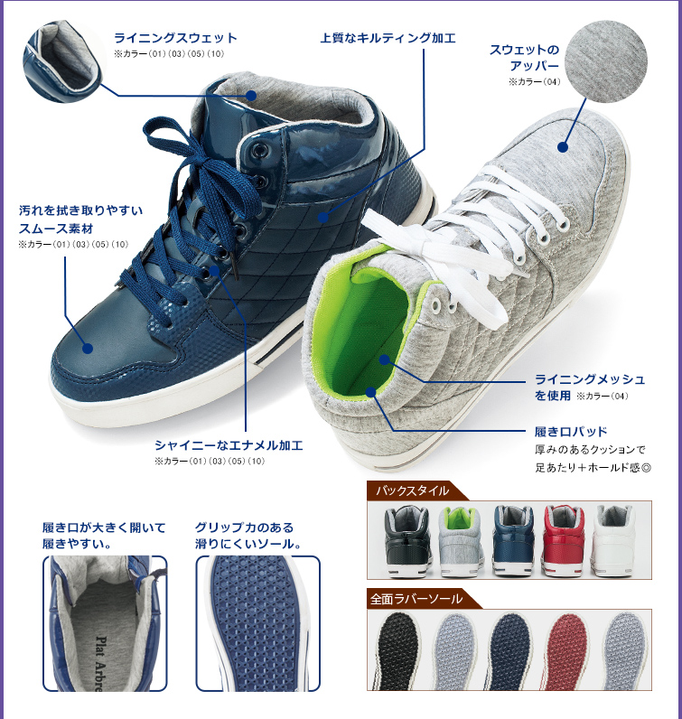 ライニングスウェット調※カラー（01）（03）（05）（10）上質なキルティング仕様 スウェット調のアッパー※カラー（04）汚れを拭き取りやすいスムース素材※カラー（01）（03）（05）（10）シャイニーなエナメル加工※カラー（01）（03）（05）（10）ライニングメッシュを使用 履き口パッド 厚みのあるクッションで足あたり＋ホールド感◎ 履き口が大きく開いて履きやすい。 グリップ力のある滑りにくいソール。