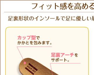足裏形状のインソールで足に優しい履きごこち。