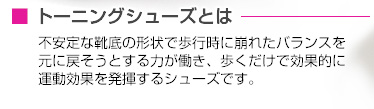 トーニングシューズとは 不安定な靴底の形状で歩行時に崩れたバランスを元に戻そうとする力が働き、歩くだけで効果的に運動効果を発揮するシューズです。