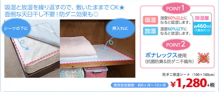 吸湿と放湿を繰り返すので、敷いたままでOK★面倒な天日干し不要！防ダニ効果も◎　防ダニ除湿シート(100×180cm)
