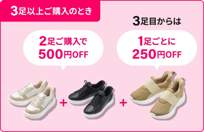 3足以上ご購入のとき 2足ご購入で500円OFF 3足目からは1足ごとに250円OFF
