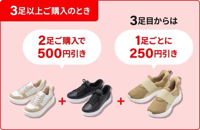 3足以上ご購入のとき 2足ご購入で500円引き 3足目からは1足ごとに250円引き