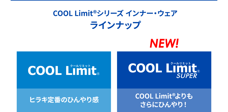 COOL Limit®シリーズ インナー・ウェア ラインナップ ①COOL Limit®：ヒラキ定番のひんやり感 ➁COOL Limit® SUPER：COOL Limit®よりもさらにひんやり！