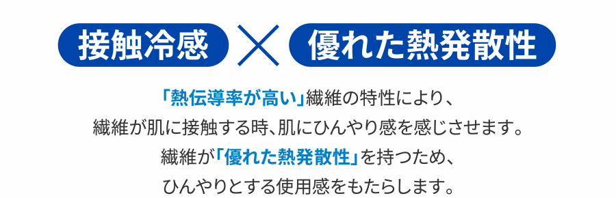接触冷感×優れた熱発散性 「熱伝導率が高い」繊維の特性により、繊維が肌に接触する時、肌にひんやり感を感じさせます。繊維が「優れた熱発散性」を持つため、ひんやりとする使用感をもたらします。