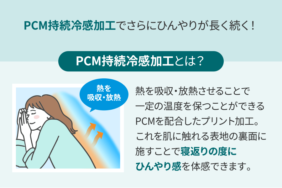 PCM持続冷感加工でさらにひんやりが長く続く！PCM持続冷感加工とは？熱を吸収・放熱させることで一定の温度を保つことができるPCMを配合したプリント加工。これを肌に触れる表地の裏面に施すことで寝返りの度にひんやり感を体感できます。