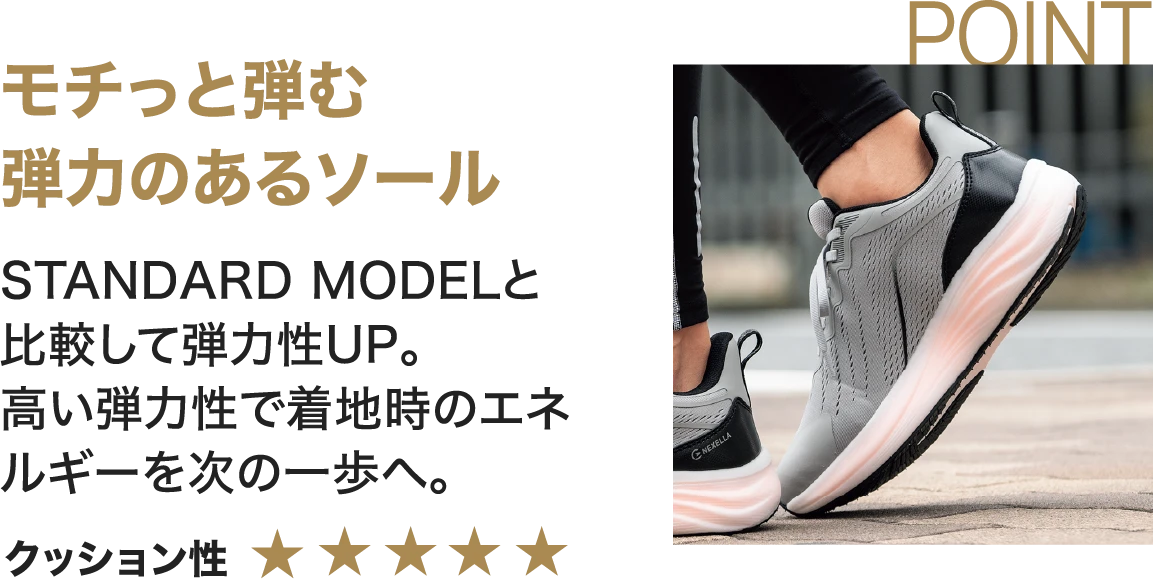 モチっと弾む弾力のあるソール STANDARD MODELと比較して弾力性UP。高い弾力性で着地時のエネルギーを次の一歩へ。