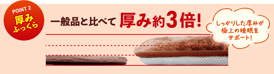 POINT2 厚みふっくら 一般品と比べて厚み約3倍！しっかりした厚みが極上の睡眠をサポート！