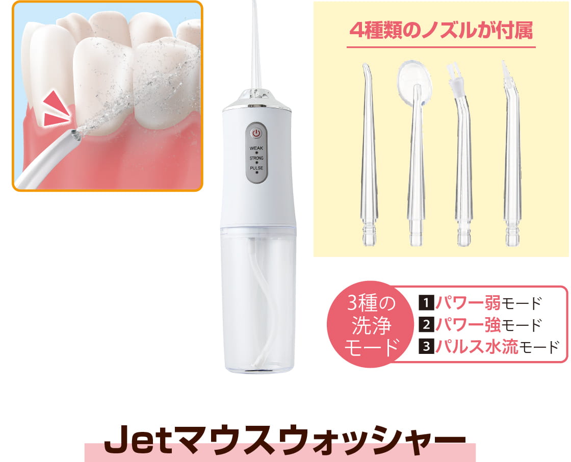 4種類のノズルが付属 3種の洗浄モード 【1】パワー弱モード 【2】パワー強モード 【3】パルス水流モード  Jetマウスウォッシャー