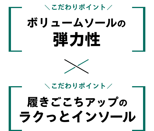 こだわりポイント　ボリュームソールの弾力性　履きごこちアップのインソール