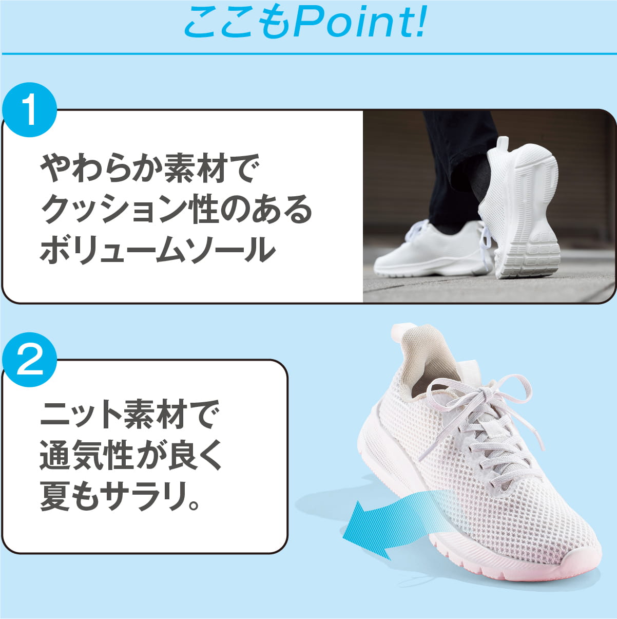 ここもPoint! (１)やわらか素材でクッション性のあるボリュームソール (２) ニット素材で通気性が良く夏もサラリ。
