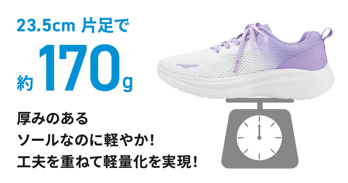 23.5cm 片足で約170g 厚みのあるソールなのに軽やか！工夫を重ねて軽量化を実現！