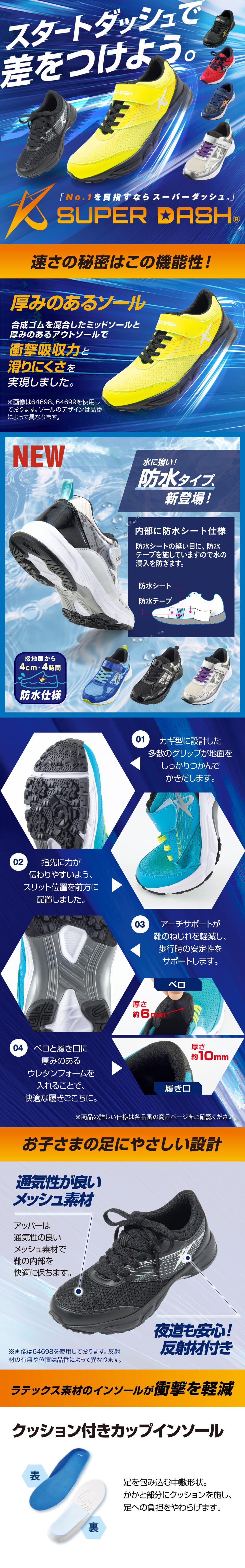 【No.1を目指すなら】スーパーダッシュ スタートダッシュで差をつけよう！／速さの秘密はこの機能性！／厚みのあるソール／速さの秘密はこの機能性！／厚みのあるソール／[01]カギ型に設計した多数のグリップが地面をしっかりつかんでかきだします。／[02]指先に力が伝わりやすいよう、スリット位置を前方に配置しました。／[03]アーチサポートが靴のねじれを軽減し、歩行時の安定性をサポートします。ベロと履き口に厚みのあるウレタンフォームを入れることで、快適な履きごこちに。／お子さまの足にやさしい設計／通気性が良いメッシュ素材／かかと部分反射材付き／ラテックス素材のインソールが衝撃を軽減／クッション付きカップインソール