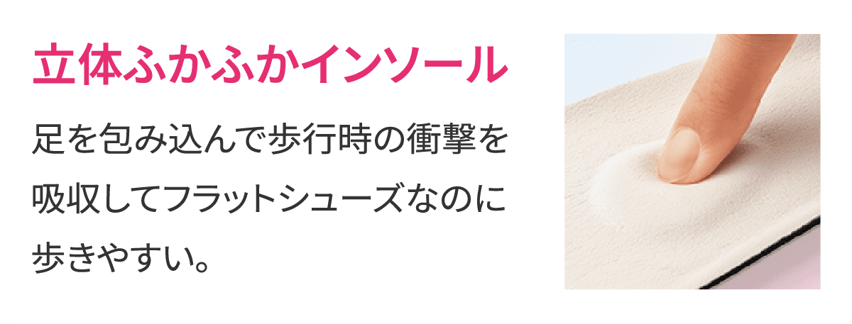 立体ふかふかインソール 足を包み込んで歩行時の衝撃を吸収してフラットシューズなのに歩きやすい。