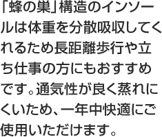 「蜂の巣」構造のインソールは体重を分散吸収してくれるため長距離歩行や立ち仕事の方にもおすすめです。通気性が良く蒸れにくいため、一年中快適にご使用いただけます。