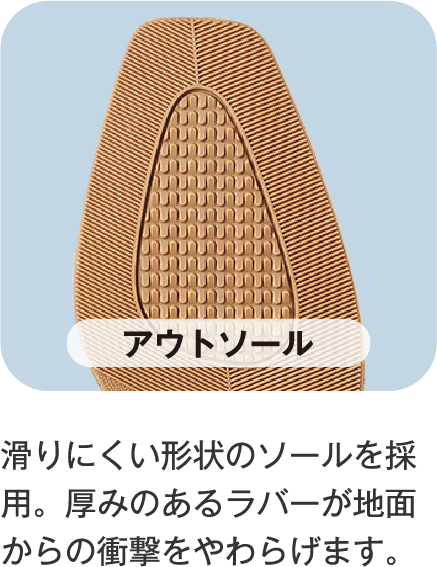 アウトソール 滑りにくい形状のソールを採用。厚みのあるラバーが地面からの衝撃をやわらげます。