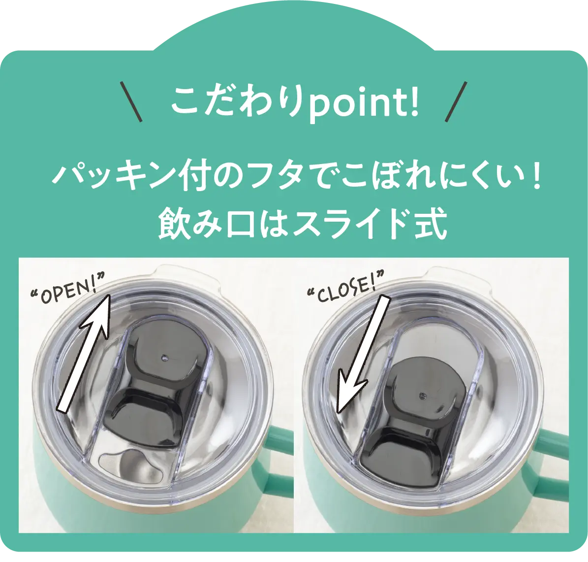 こだわりpoint! パッキン付のフタでこぼれにくい！ 飲み口はスライド式