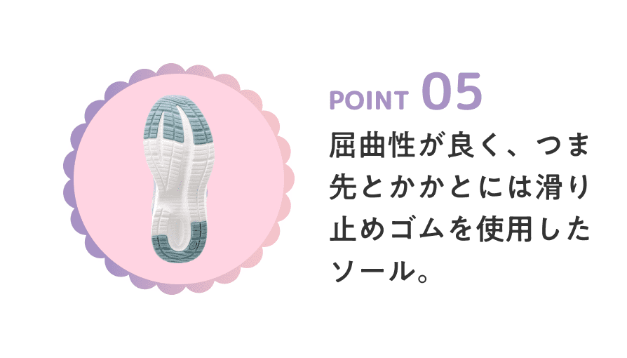 POINT 05 屈曲性が良く、つま先とかかとには滑り止めゴムを使用したソール。